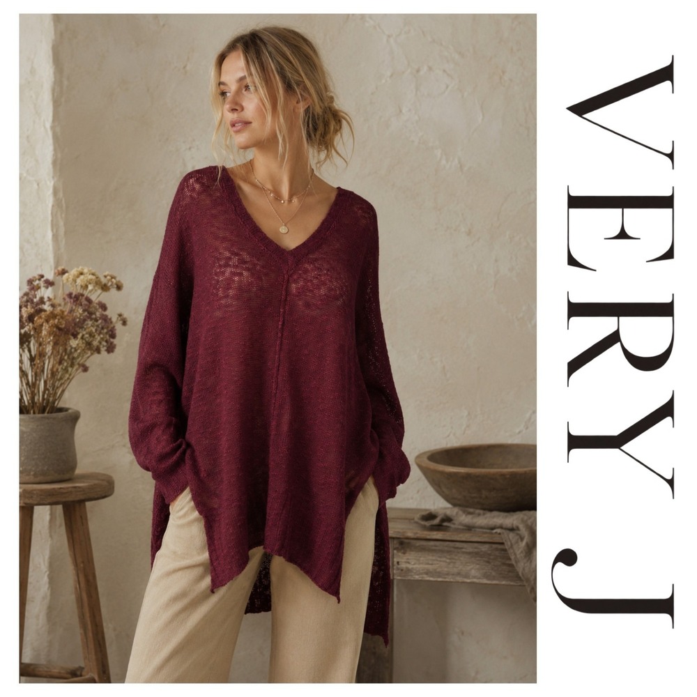 Very J Burgundy Red Oversized V Neck Tunic Lagenlook Knit Sweater Large
